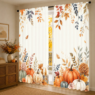 2Pcs Autumn Harvest Pumpkin Floral Curtains, Light Filtering Fabric, Vintage Fall Leaves Pattern, Window Drapes for Living Room Bedroom Balcony Kitchen Home Decoration