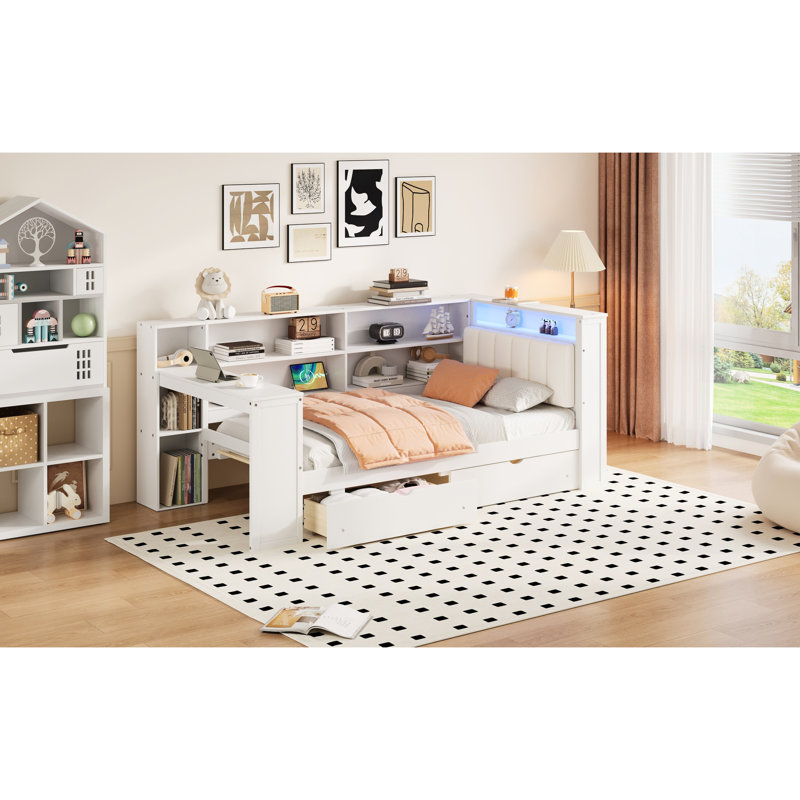 Twin Size Platform Bed In Wood, With Upholstered Headboard, Storage Shelves, Drawers, Charging Station, Led Lights And Table, White + Beige Wood - Sized Comfortable Head, Charging,