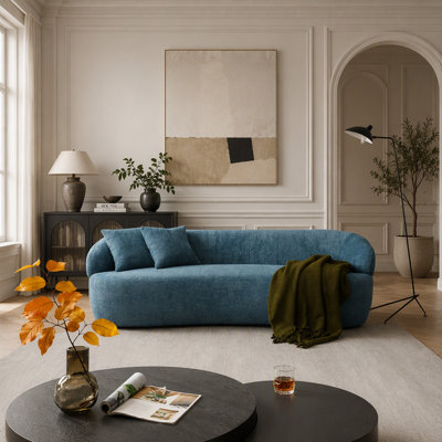 Blue Mid Century Modern Curved Sofa, 3 Seat Cloud Couch Boucle Fabric for Living Room, Bedroom, and Office