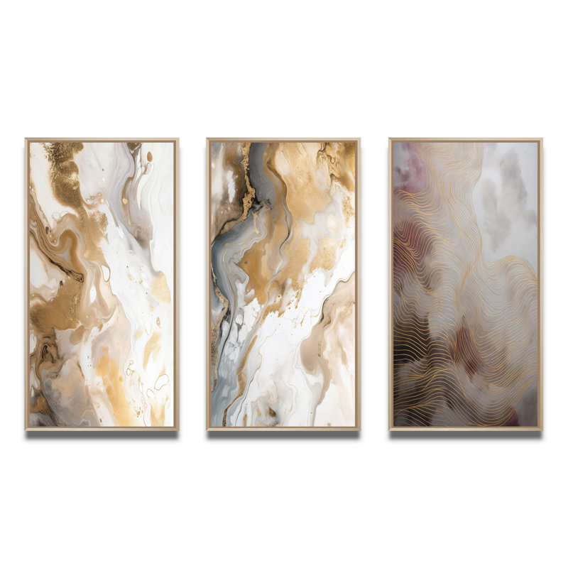 «Gold and Gray Abstracted Line Artistry», 3 pièces sur toile, H 40 po x l 60 po, Cadre naturel flottant
