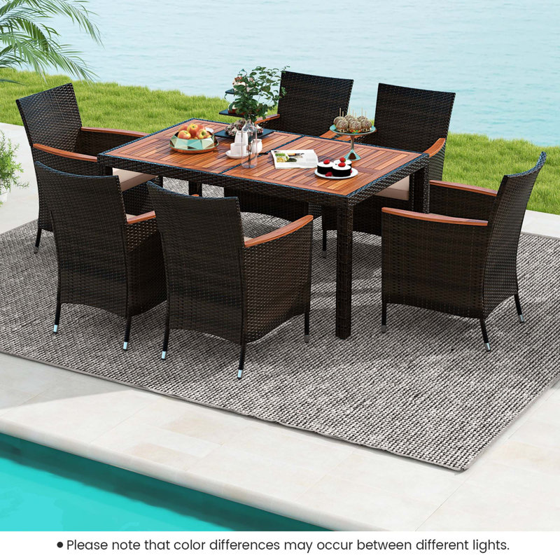 7-Piece Outdoor Wicker Dining Set With Acacia Wood Table And 6 Chairs, Mix Brown