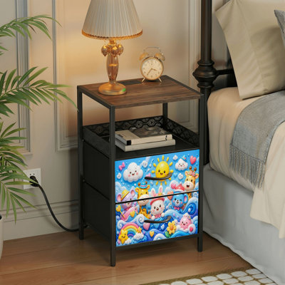 Table de chevet à 2 tiroirs avec station de charge, table de nuit avec ports USB, prises et étagère ouverte, noire, imprimée de jolis animaux de dessin animé, d'océan, de soleil et de nuages ​​colorés.