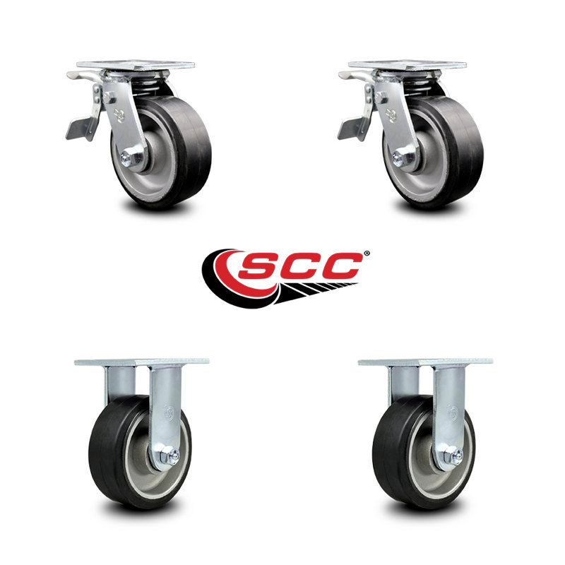 5 Inch Rubber on Aluminum Caster Set with Roller Bearings 2 Brakes 2 Rigid SCC