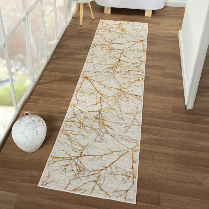 Tapis moderne moderne à motif abstrait, Tapis de couloir 2 pi x 8 pi, Crème / doré