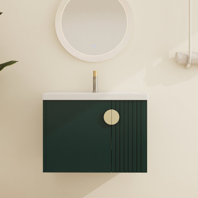 Bratislava 28''Single Sink Wall Mounted Bathroom Vanity,Floating Vanity with 2 Doors and White Ceramic Top, Green, 28"