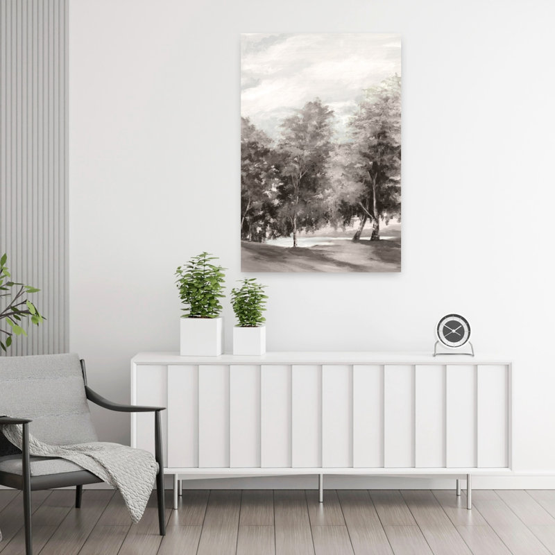 Sentier à travers les arbres tranquilles II, paysage contemporain abstrait, art mural, H 36 po x l 24 po