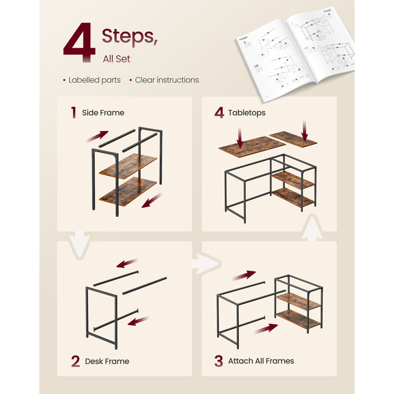 Corner Computer Desk With Adjustable Storage Shelves, L Shaped Gaming Table For Office, 76cm H x 120cm W x 80cm D, Brown