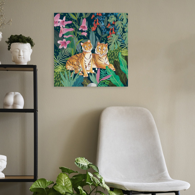 Tigres dans la jungle - Illustration murale romantique abstraite représentant un tigre dans une forêt de fleurs