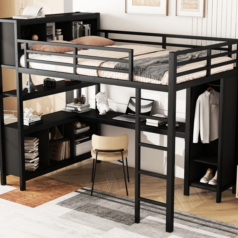 Metal Loft Bed With Wardrobe And Desk, Black Full Size, Storage For Teens Adults Size Storage, Black, Heavy Duty Desk, Black
