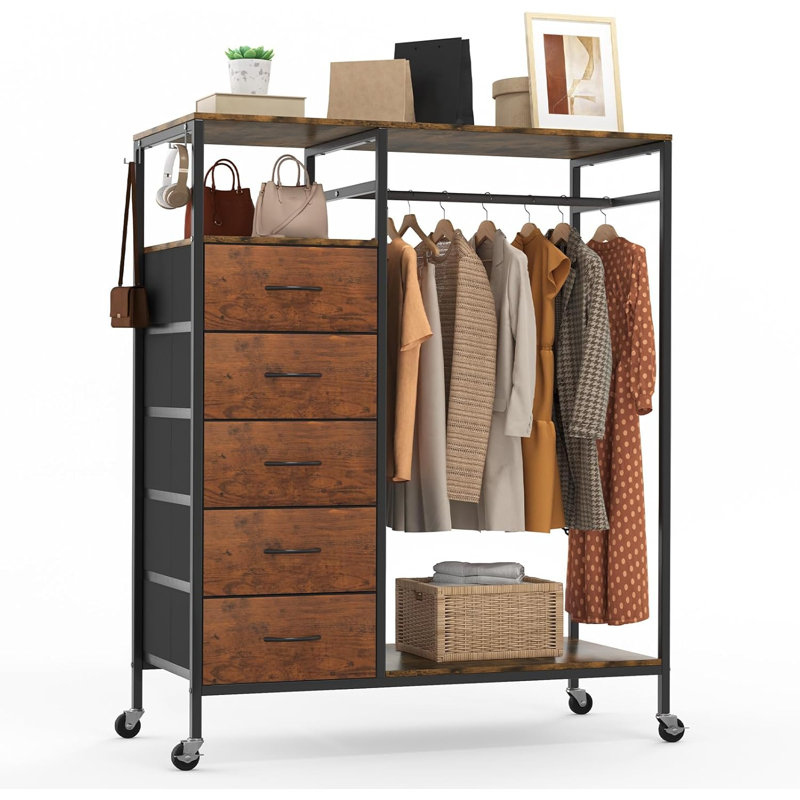 102cm Rolling Portable Wardrobe, Wood Grain