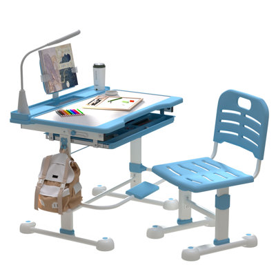  Desk And Chair Set For Kids Height Adjustable Drawing Desk Functional Study Table With 55° Tilt Desktop, Writing Board, Pen Slot, 3 Mode Led Light, Storage Drawer, Hook, Book Stand (blue)