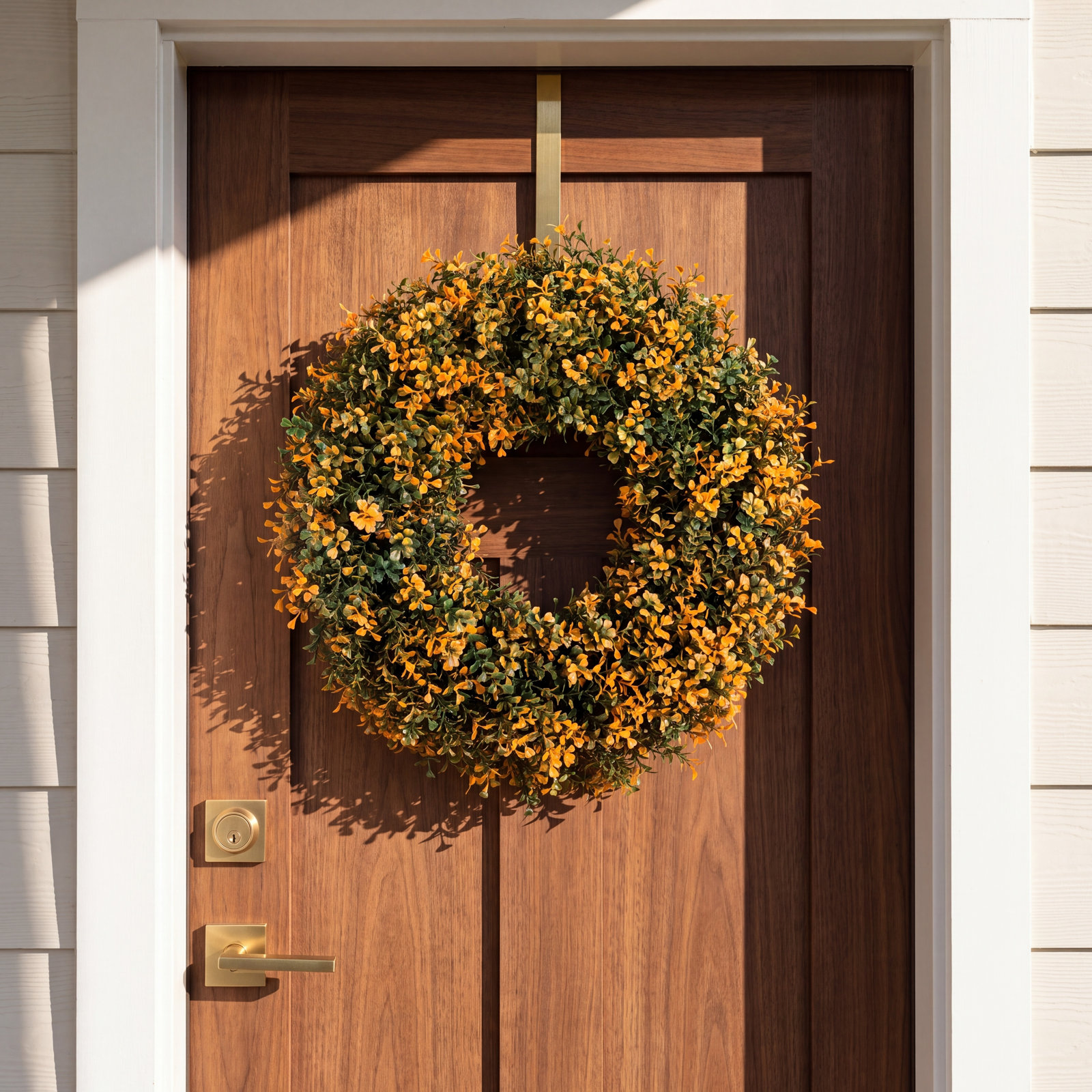 18In. Pre-Lit Autumn Boxwood Artificial Fall Wreath With 25 Warm White LED Lights, Orange;Green