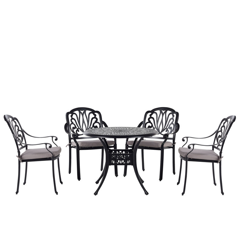 Helland 4 - Person Patio Dining Set with Round Table , Cushions Included, Grey, Black