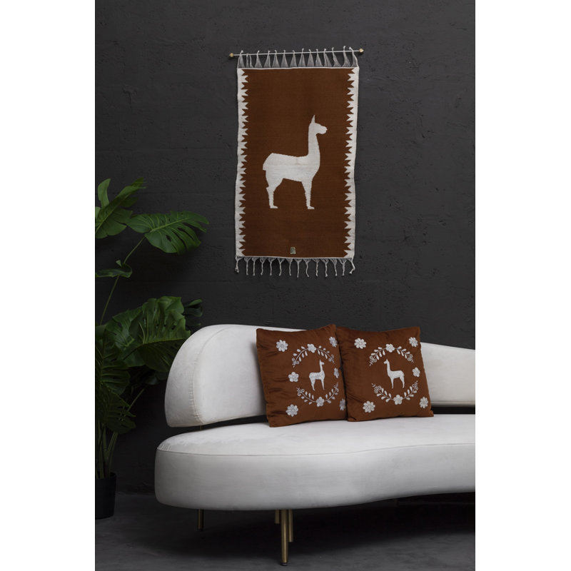 Llama Hand Embroidered Decorative Throw Pillows by Andean, In Stock, Brown/White
