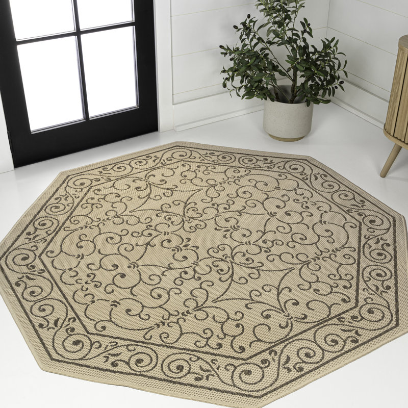 Hagerman Vintage Filigree Textured Weave Beige/Brown Indoor/Outdoor Rug, Octagon 5'3"