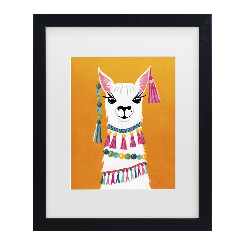 Œuvre encadrée, lamas de fêté, bolathèque, H 13 po x l 16 po, Cadre noir