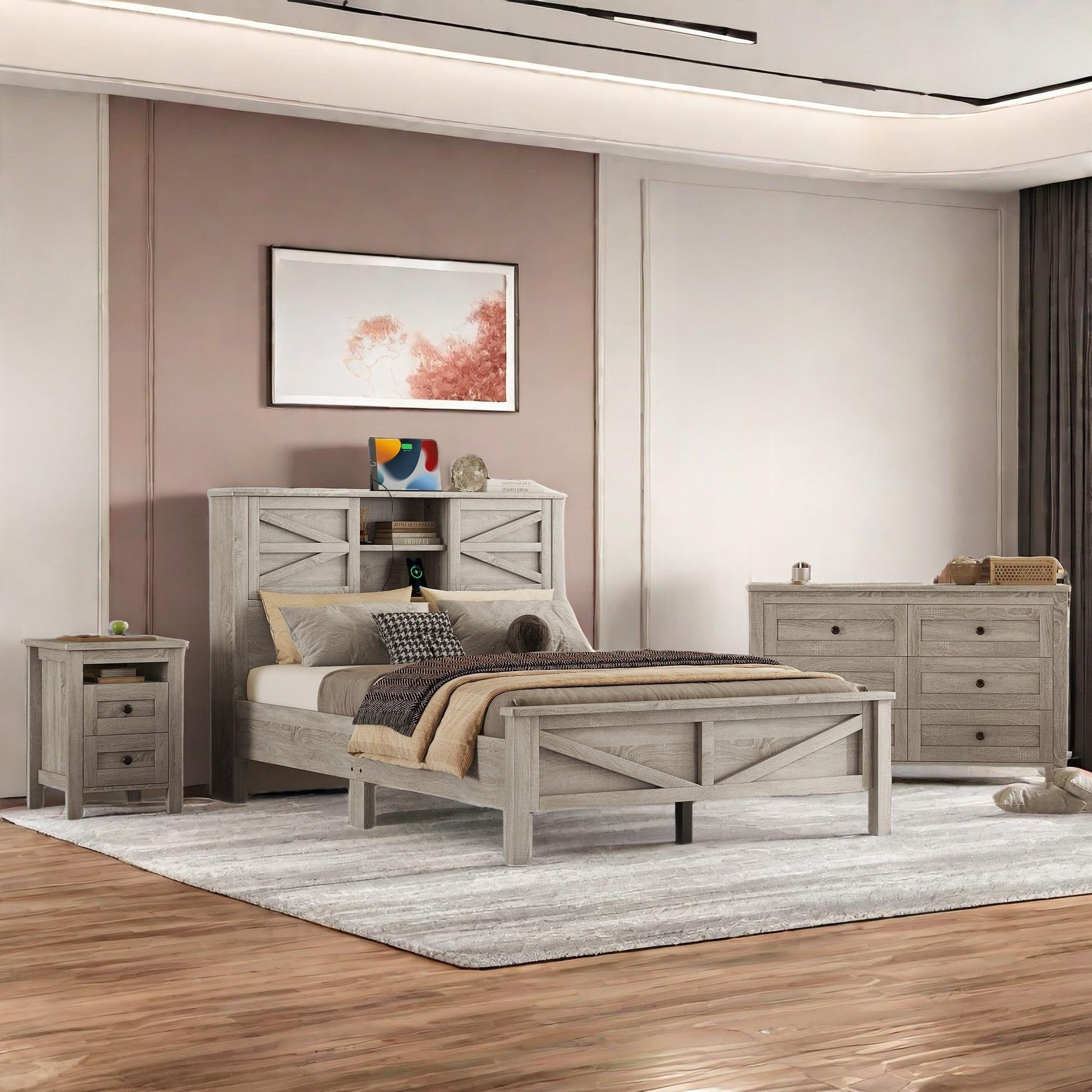 Gracie Oaks 3piece Bedroom Sets Included Farmhouse Platform Bed