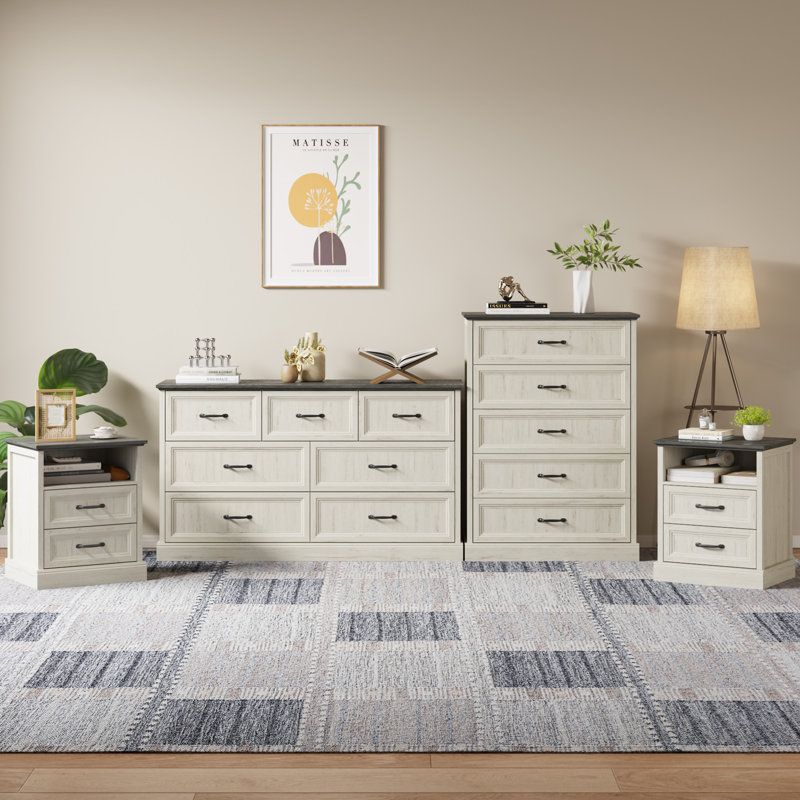 4 Pieces Bedroom Set Include 7 Drawer Dresser,5 Drawer Chest and Two Nightstands, White