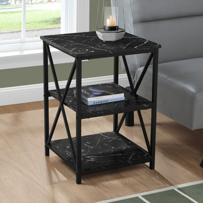 Table d'appoint, côté, bout, table de chevet, lampe, salon, chambre à coucher, stratifié aspect marbre noir, métal noir, contemporain, moderne