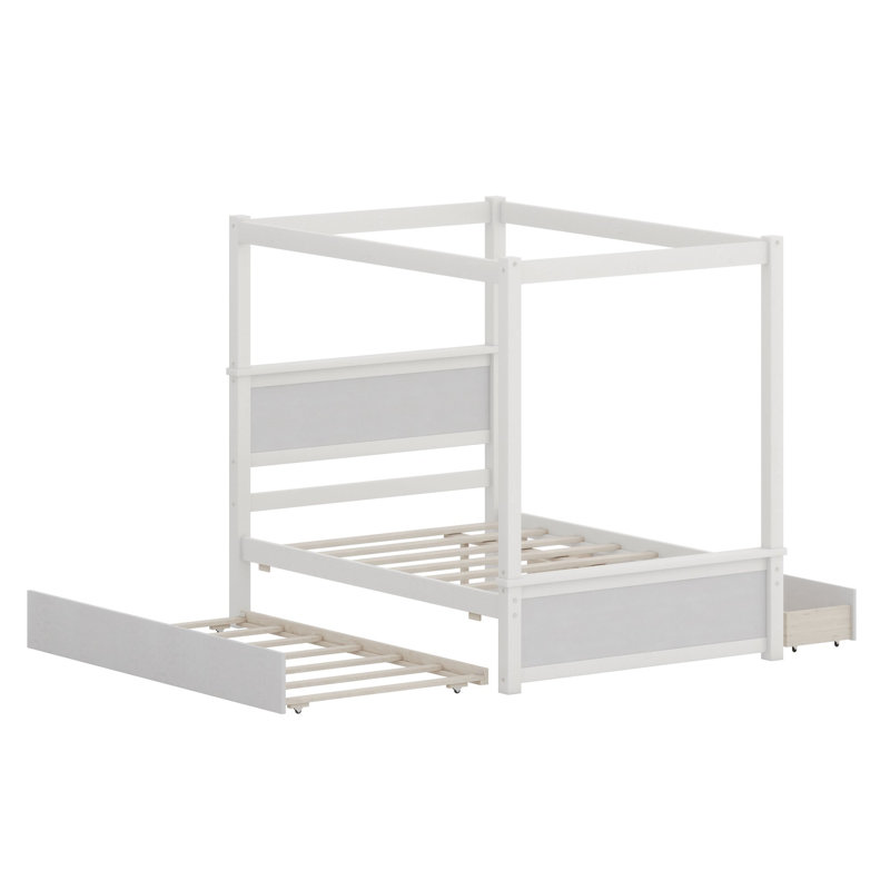 Le lit plateforme à baldaquin avec lit gigogne et tiroirs offre un rangement peu encombrant et un style moderne personnalisable