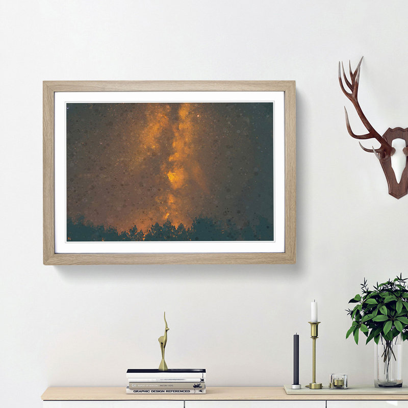 Flaming Stars over the Forest in Abstract - Picture Frame Graphic Art Print, Oak Framed, 36cm H x 48cm W x 2cm D