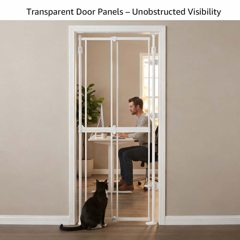 Barrière de sécurité transparente pour chat de 75 à 98 po de hauteur et de 21 à 34 po réglable Wdie, fermeture automatique et sans perçage, très grande porte de chat pour la porte, escalier