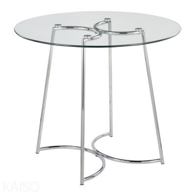 Table de salle à manger contemporaine en chrome avec plateau en verre transparent