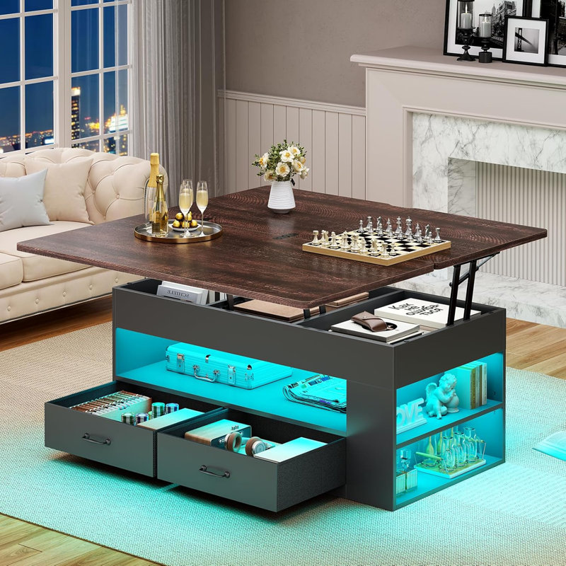 Lift Top Coffee Table, 4 In 1 Coffee Tables With Storage And Hidden Compartment, Farmhouse Coffee Table, Dark Brown, Black