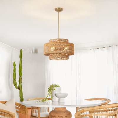 17.7" 4‑Light Boho Hand‑Woven Wicker Rattan Chandelier Pendant Light Fixture, Farmhouse Rustic Hanging Chandelier for Dining Room, Kitchen Island, Living Room & Bedroom