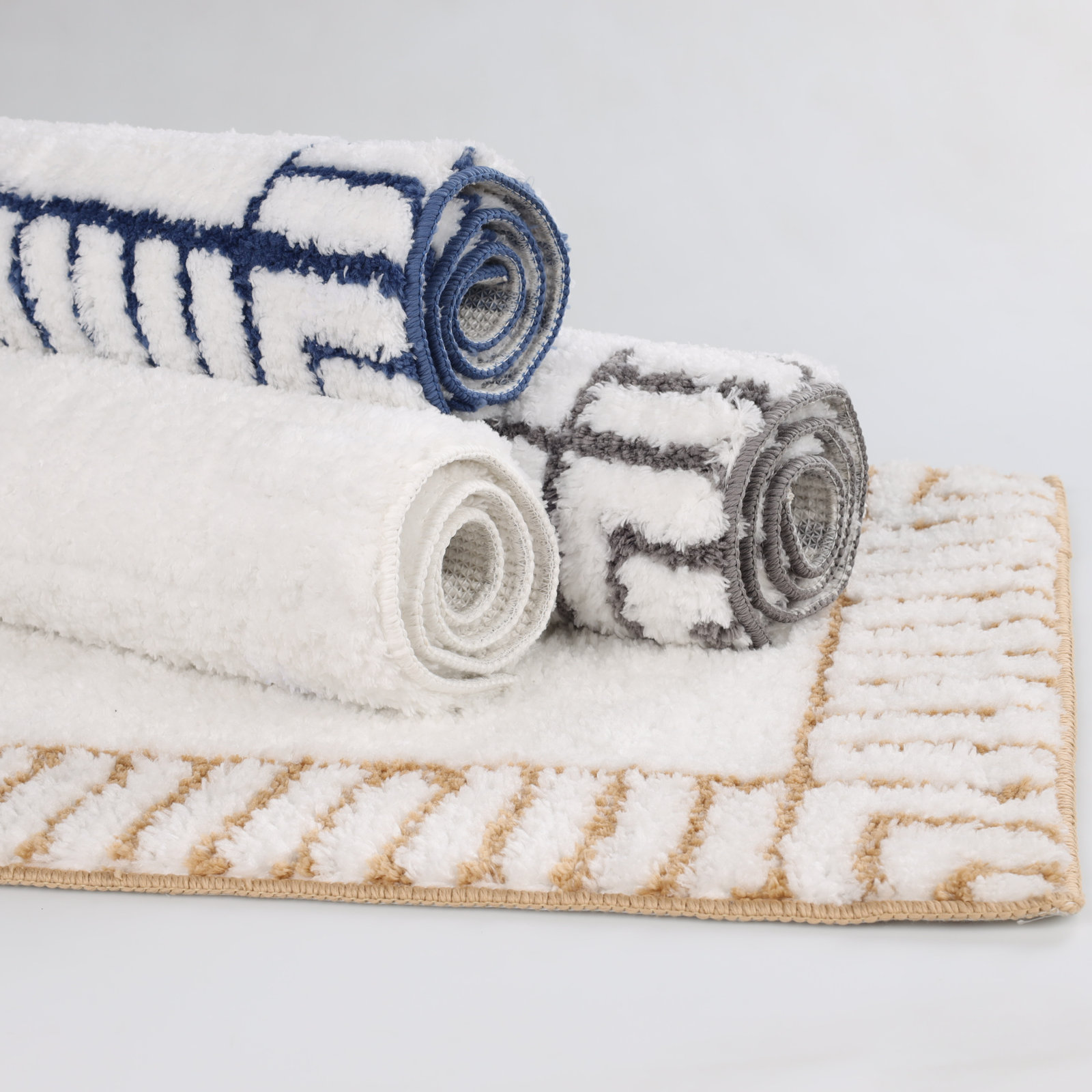 Inaya Modern Striped Plush Tufted Shag Machine Washable 2 Piece Bathroom Rug Set, White/Gray, MEDIUM- 2 Piece Set