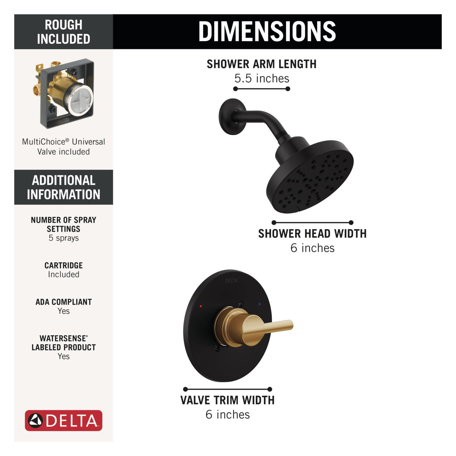 Nicoli Single-Function Shower Faucet Set, Shower Trim Kit with H2Okinetic Shower Head and Valve, Matte Black/Champagne Bronze