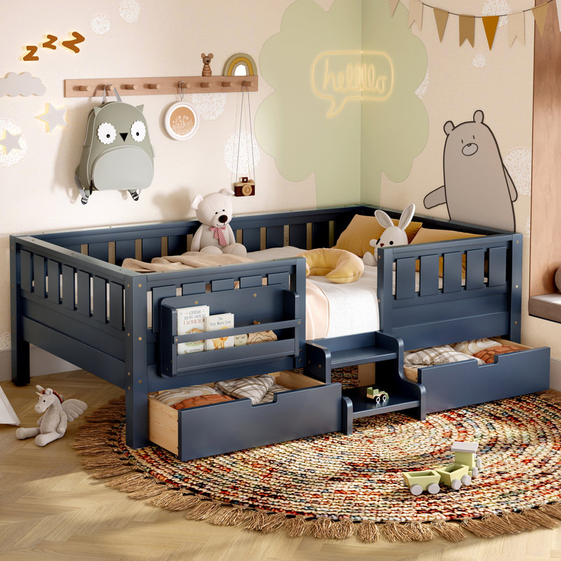 Lit de plancher pour enfants avec tiroirs de rangement et étagères intégrées, Lit simple