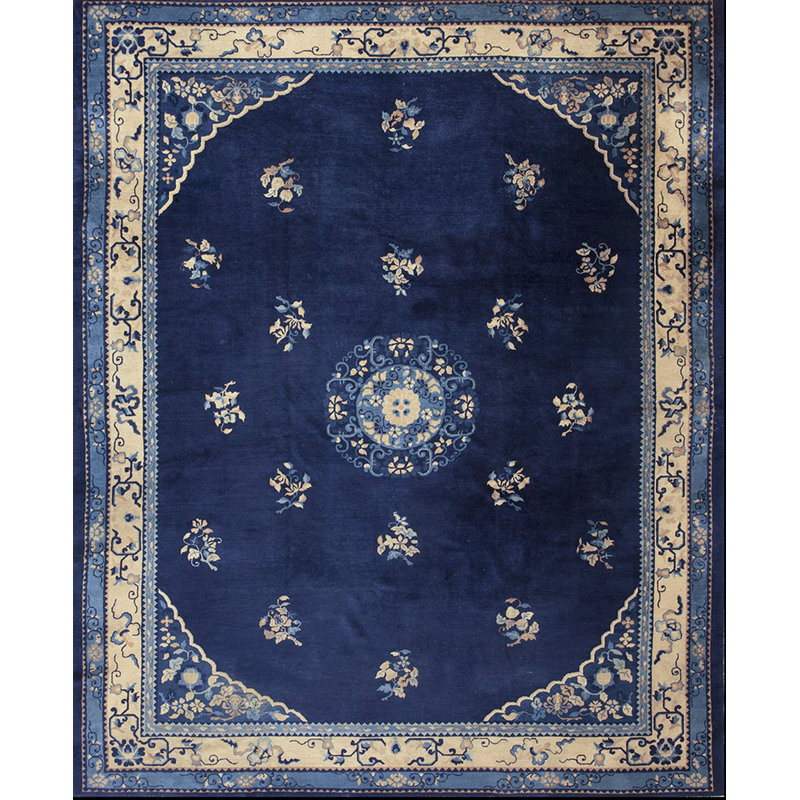 Antique Room Size Knotted Wool Blue Rectangle 1900s Chinese - Peking Rug