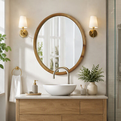 Miroir rond rond à cadre en bois naturel, miroir circulaire en bois naturel de 35,43 po pour la salle de bain, la chambre à coucher, le vestibule, miroir décoratif Mid-Century