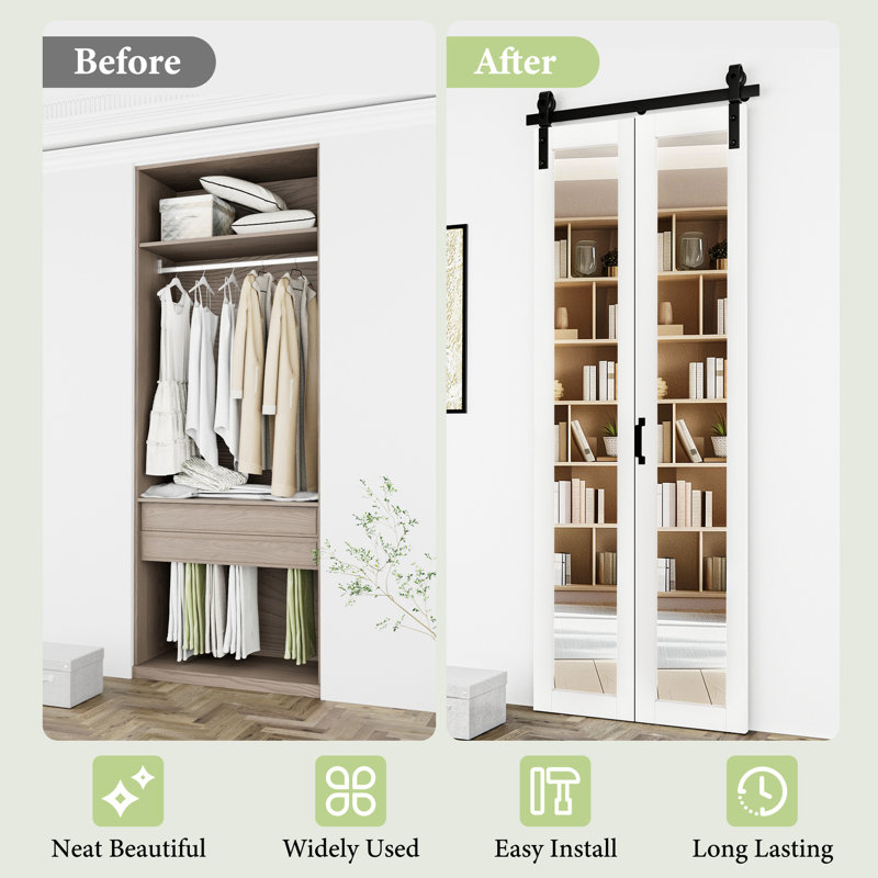 25" x 84" Height Full Lite Mirrored Glass Bi Fold Barn Door with Installation Hardware Kit, 25" x 84"