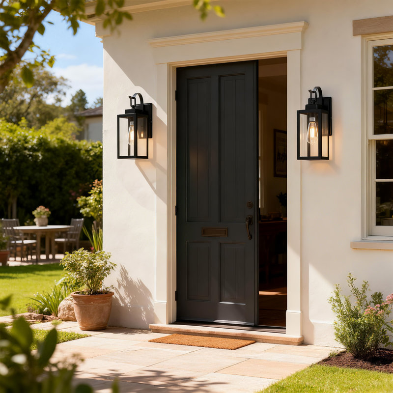 Schock 1-Light Matte Black Outdoor Wall Lantern（Set of 2）, 13.78" H x 5" W x 5" D