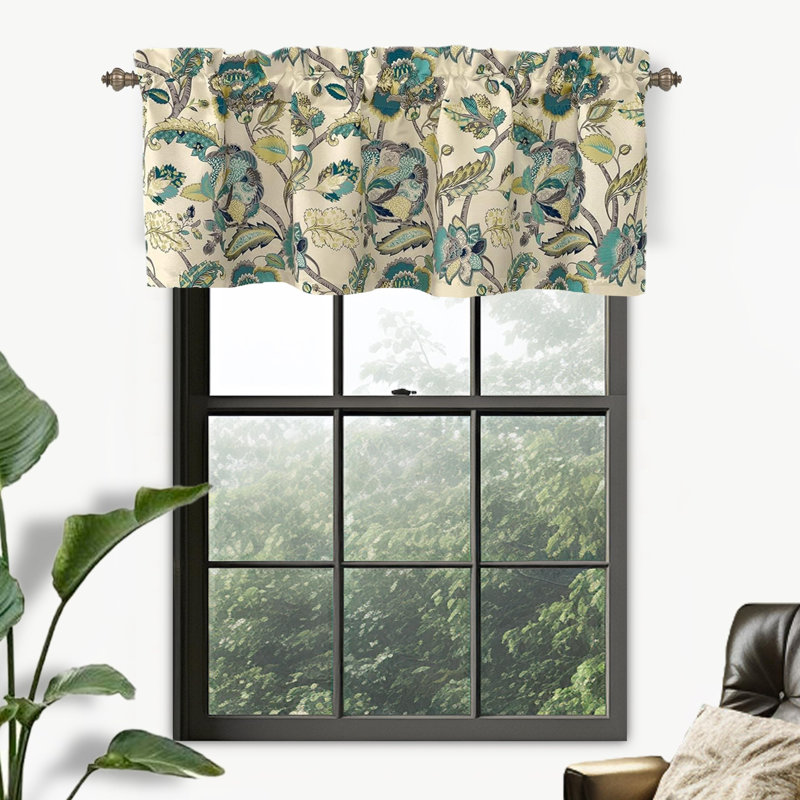 Cantonnière 52 po Akinruntan, L 52 po x L 18 po, Floral Leaves, Layla coquille d'œuf / bleu sarcelle