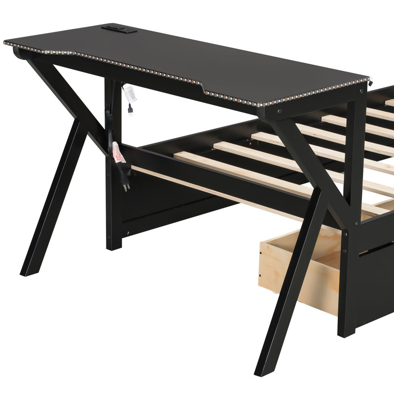 Lit simple à DEL avec bureau, station de charge USB et 2 tiroirs - Base de lit plateforme en métal avec lumières colorées