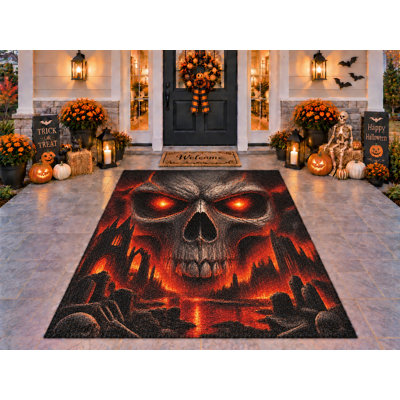 Tapis d'extérieur 152 x 213 cm (5 pi x 7 pi) motif de château de crânes enflammés d'Halloween, épais, imperméable, en PVC bouclé, résistant et à séchage rapide, idéal pour terrasse, balcon, entrée ou porche.