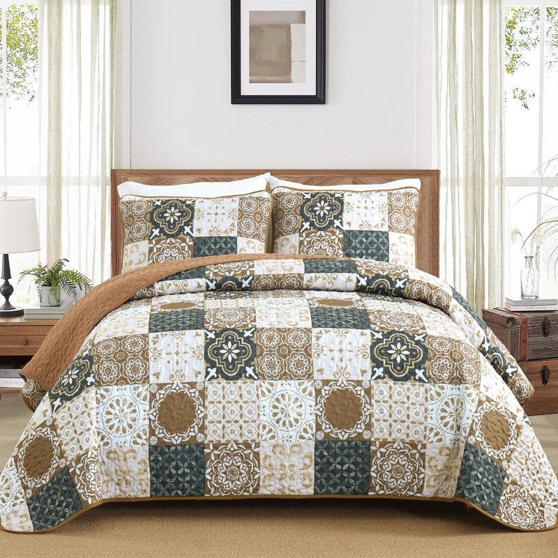 Ensemble de courtepointe 3 pièces Patchwork Boho, Courtepointe très grand et 2 très grandes taies