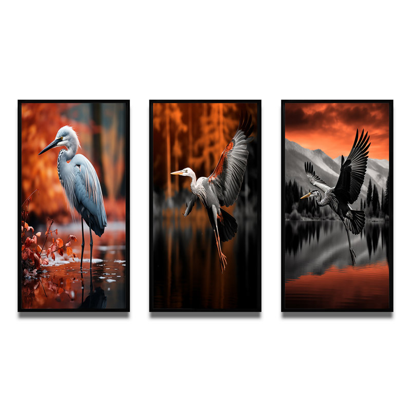 «Heron Graceful Waters», 3 pièces sur toile, H 40 po x l 60 po, Cadre noir