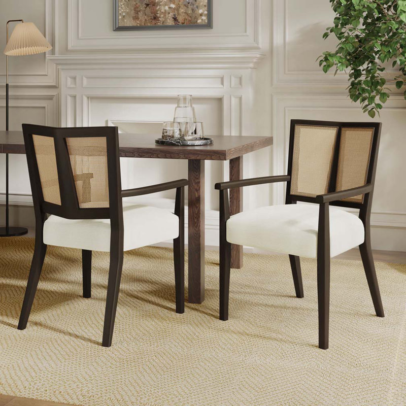 Chaises de salle à manger avec dossier en rotin, Marron foncé, Beige
