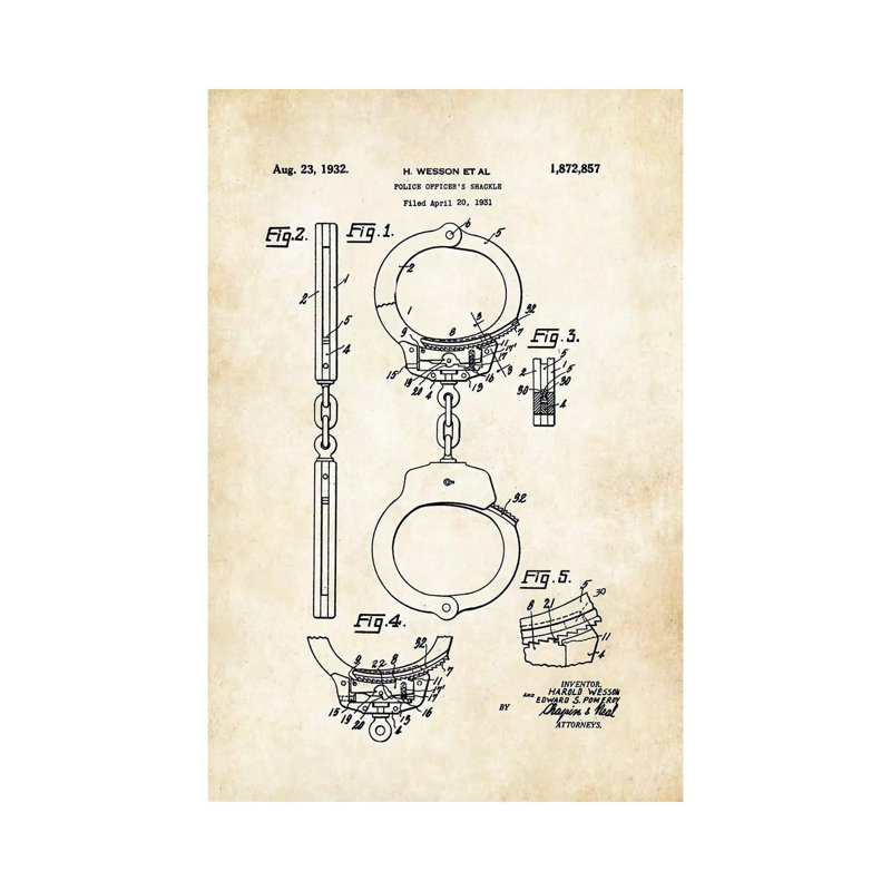 «Police Handcuff» (1931) par Patents77 - reproduction d'art sur toile tendue, H 40 po x l 26 po x P 1,5 po
