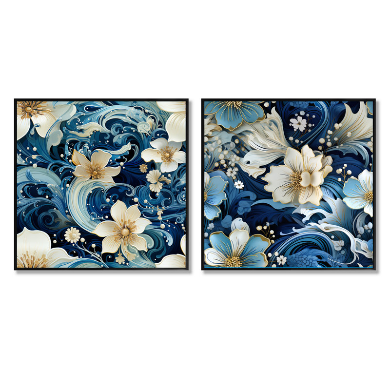Electra - Ensemble de 2 collages floraux et botaniques carrés, Cadre flottant noir, H 30 po x l 61 po