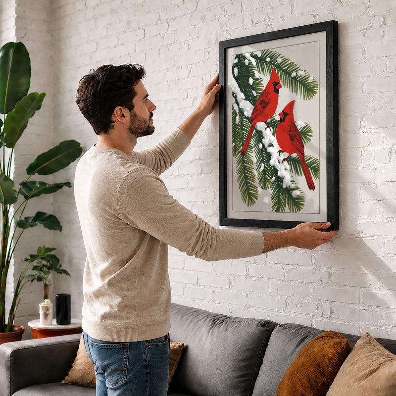 Winter Cardinals Botanical - Framed Print, A1 - 84.1 x 59.4 cm, Black