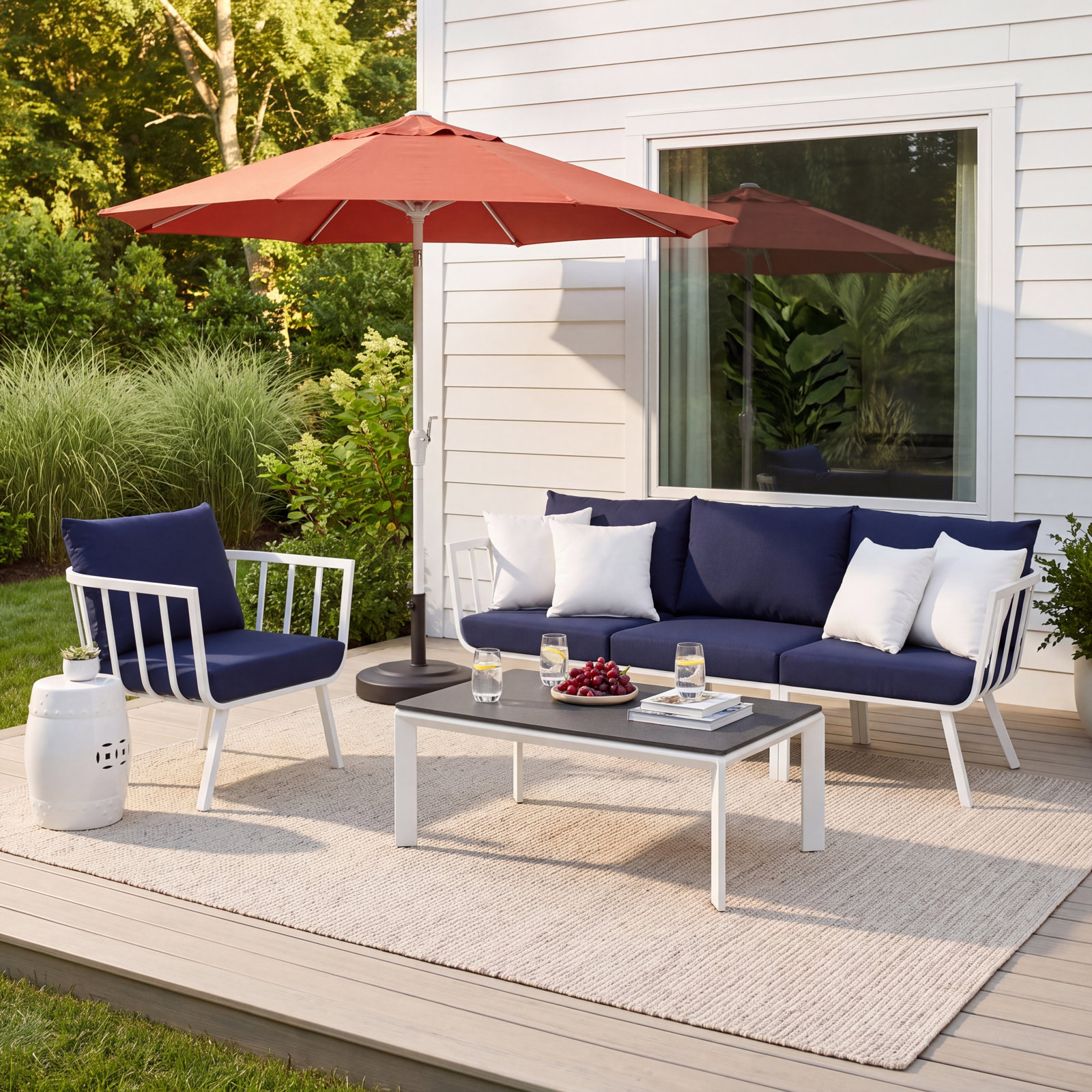 Riverside 4-Person Patio Seating Group, White Frame/Navy Cushion