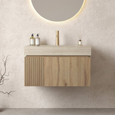 Meuble-lavabo mural de 30 po avec lavabo, armoire de rangement murale en contreplaqué avec tiroir et porte, comptoir en pierre frittée à motif de travertin avec lavabo, pré-assemblé