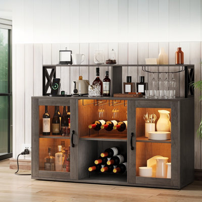 Freestanding Liquor Cabinet Bar for Home Living Room, Office, Dining Room, Kitchen Sideboard Bar Cabinet with LED Lights Coffee Wine Bar Storage Cabinet with Rack Glass Holder