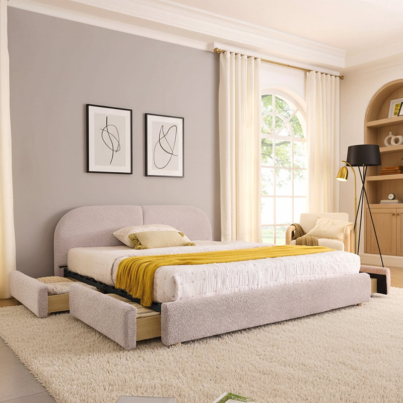 Base de lit rembourrée avec tête de lit haute incurvée, support de pieds robuste et rangement à roulettes, matelas non inclus