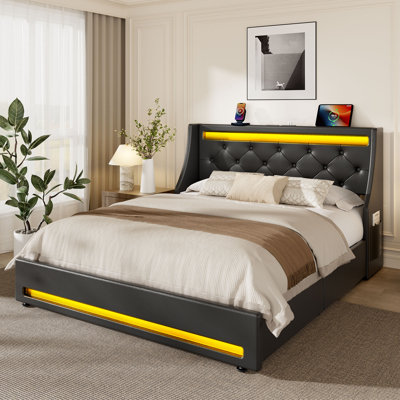Upholstered Platform Bed Frame with Wingback Headboard & LED Lights& 4 Storage Drawers